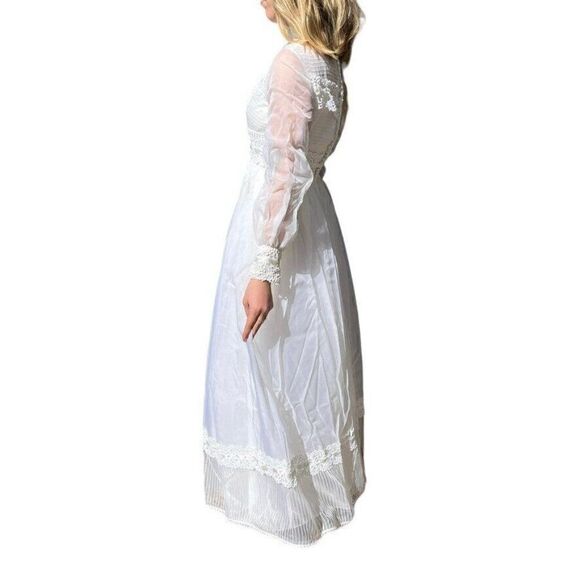 Vintage 1970s White Long Sleeve Lace Boho Prairie Hippy Maxi Wedding Dress Sz XS - Picture 3 of 10
